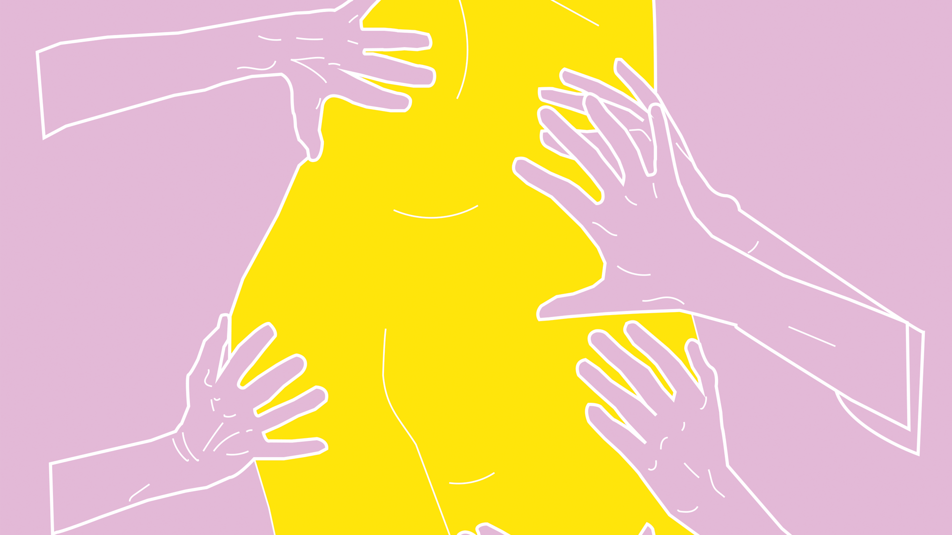 Gul naken kvinnokropp som grips efter av händer