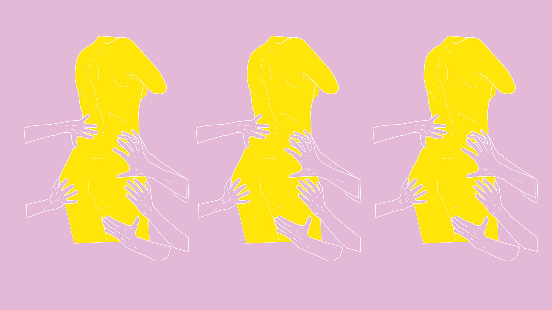 Gul naken kvinnokropp som grips efter av händer