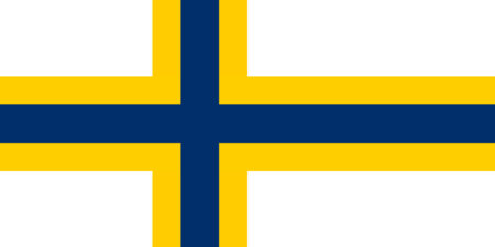 Sverigefinländarnas flagga, blått kors i gult kors på vit bakgrund.