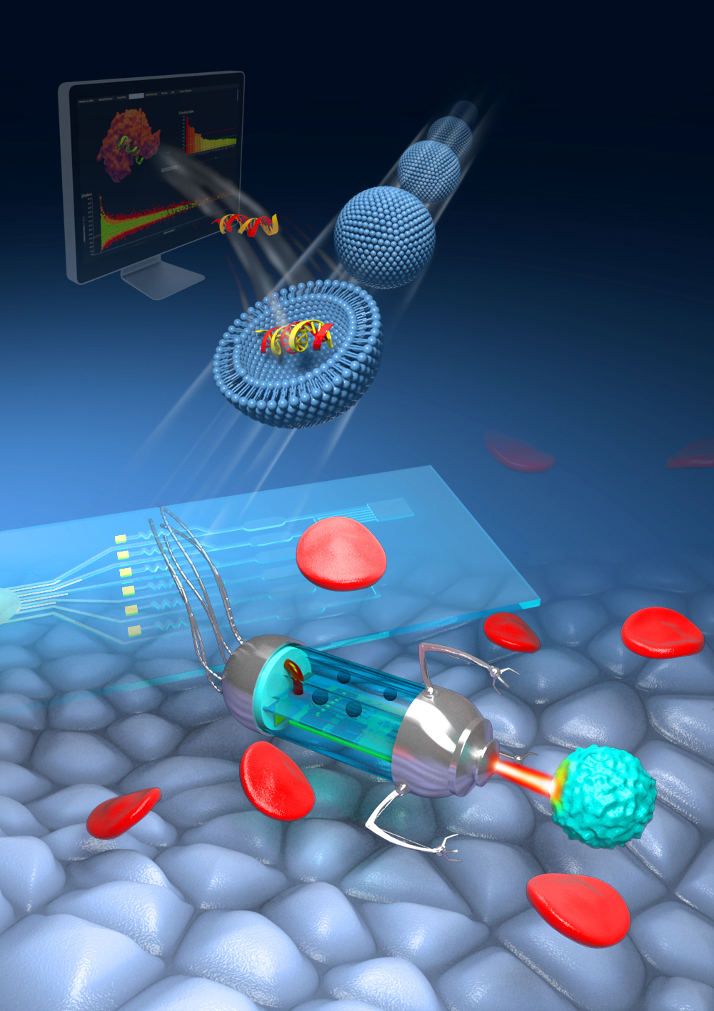 Illustration föreställande målsökande nanoläkemedel i blodomloppet.