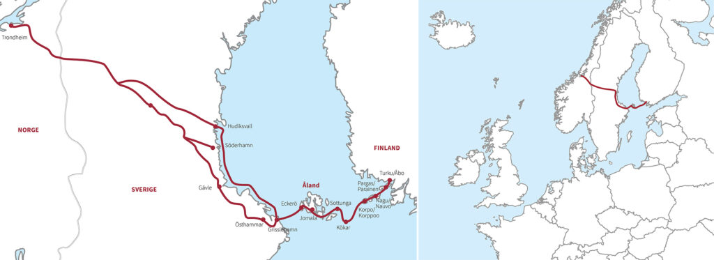 Karta över Sankt Olofs sjöled från Åbo till Trondheim.