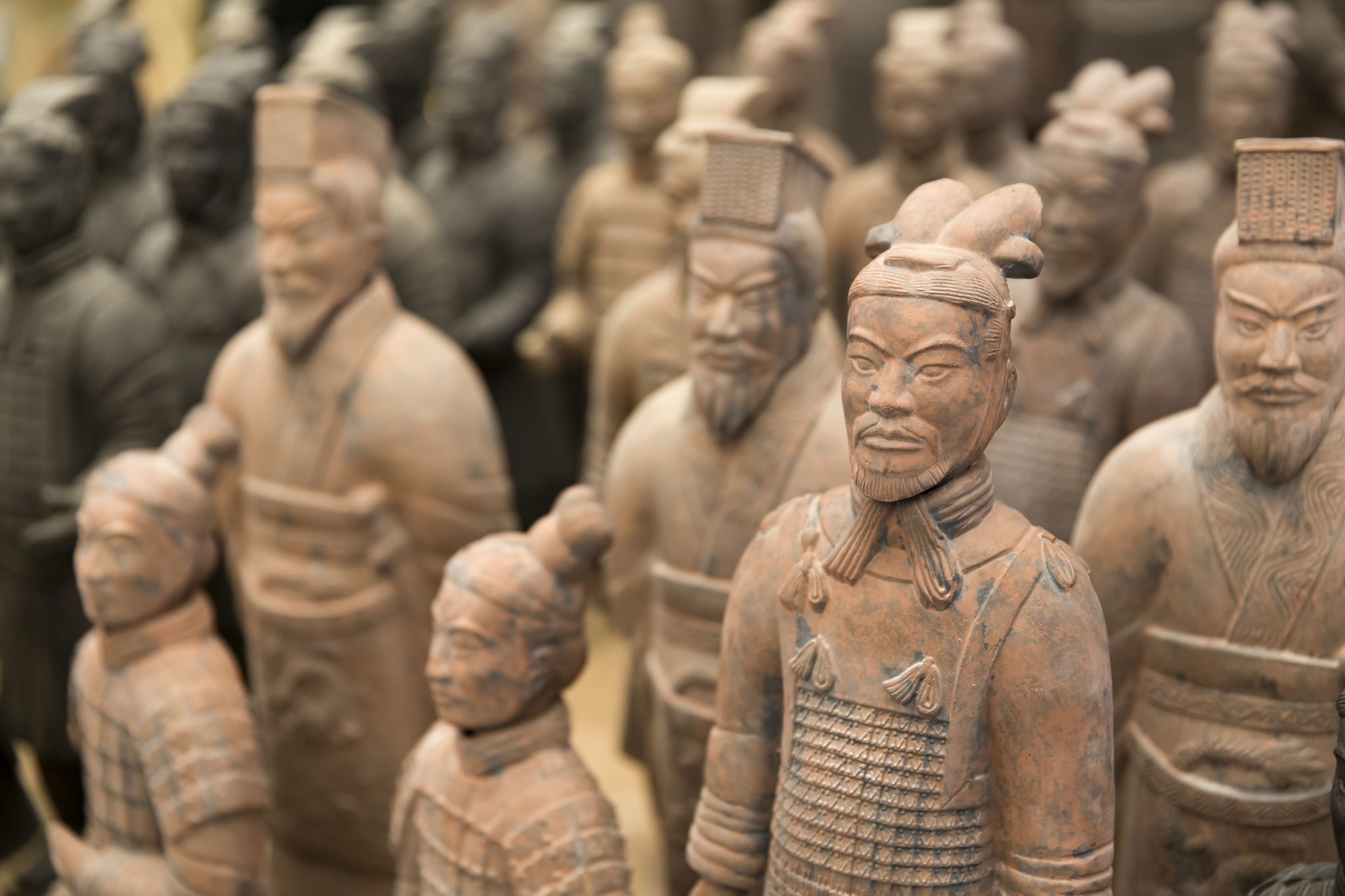Detalj ur terracottaarmén i Xian, Kina. Lerfigurer.