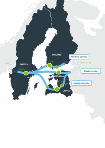 A map which marks the routes from Örebro to St. Petersburg.