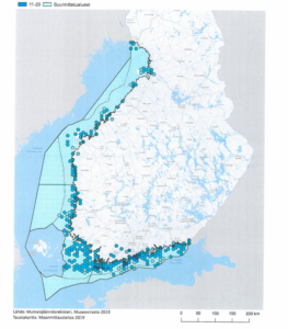 Kartan placerar ut vrakens placering längs Finlands kust.