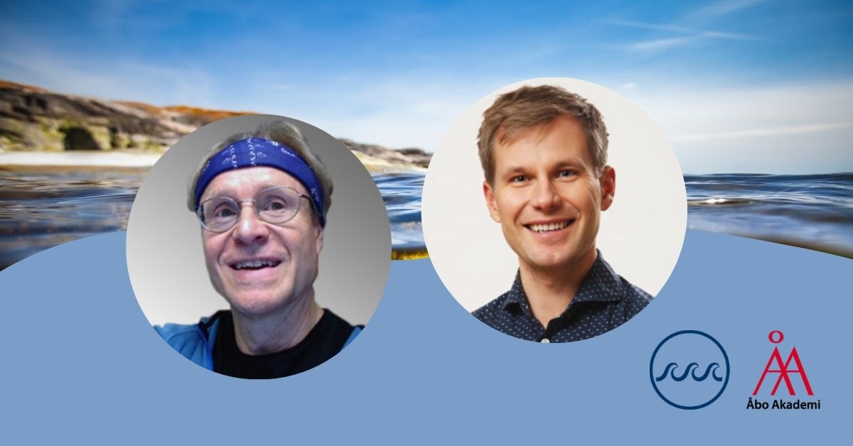 Porträttbilder av Per Jonsson och Conny Sjöqvist inuti cirklar mot en havsbakgrund. Nere till höger Åbo Akademis strategiska forskningsprofil Havets logo och ÅAs logo.