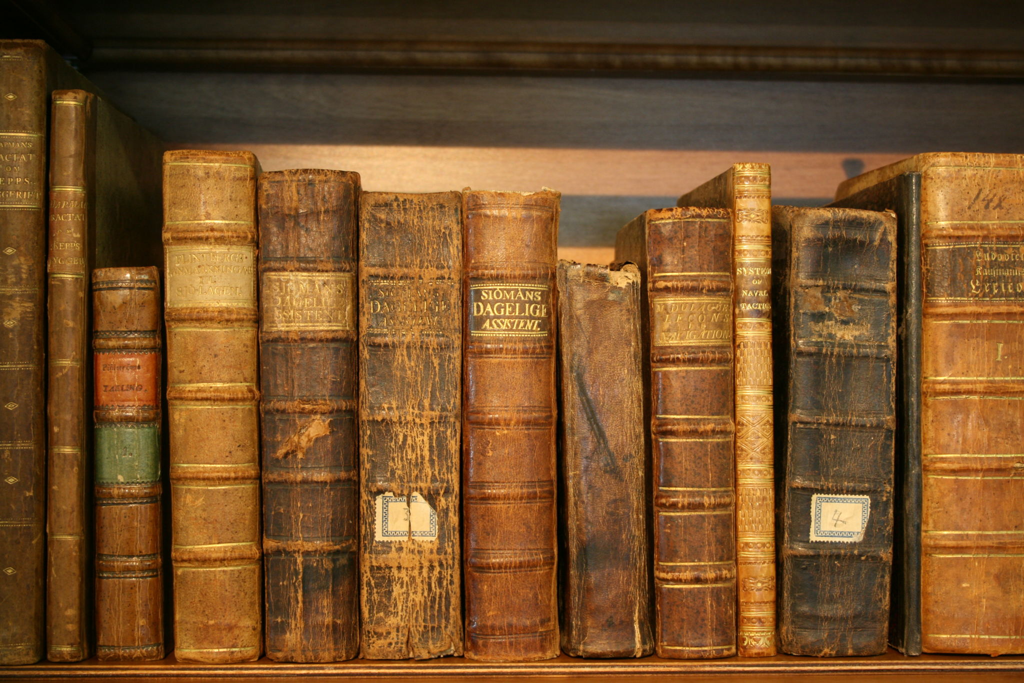 Gamla böcker i bokhylla.