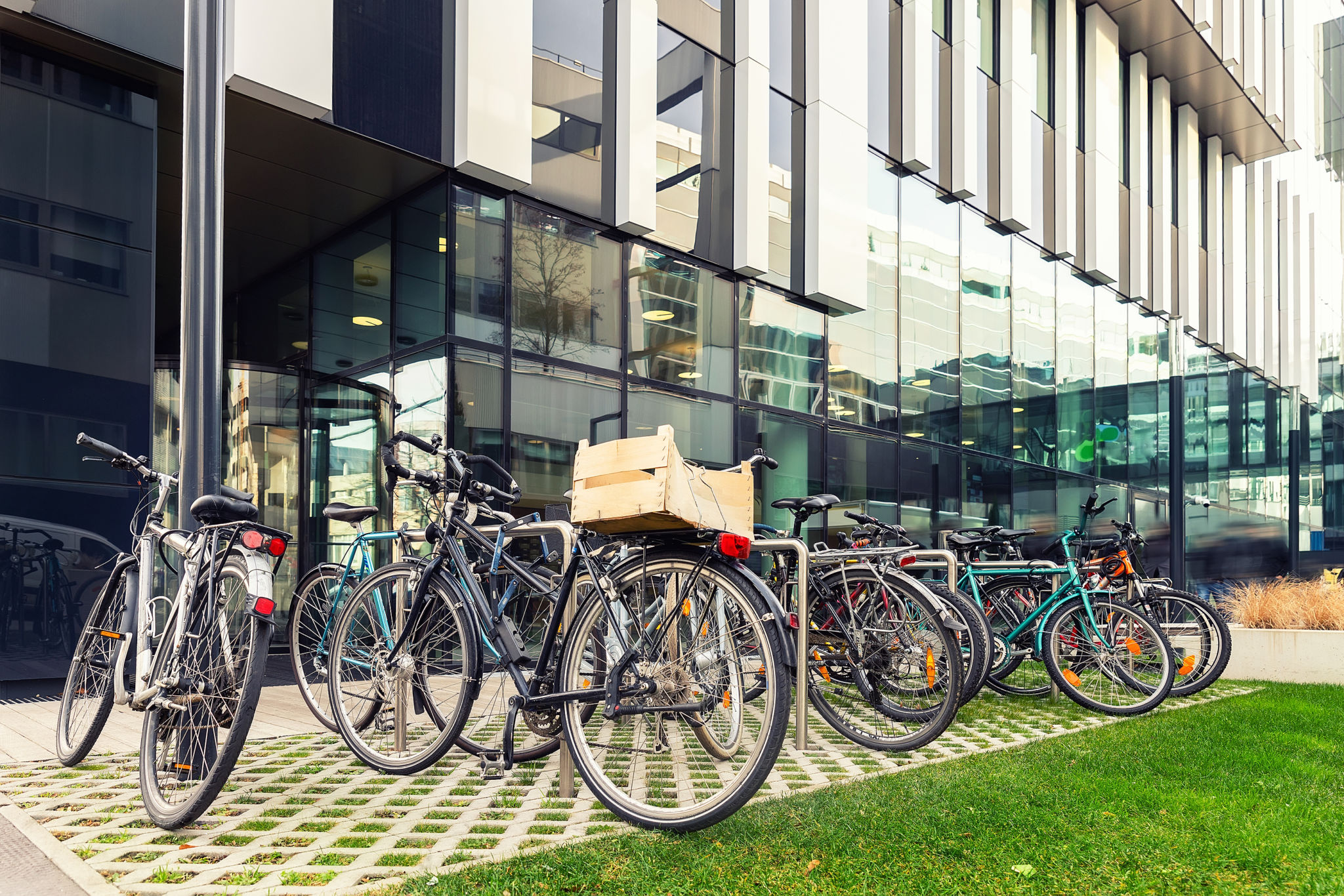 Cyklar parkerade utanför en modern byggnad.