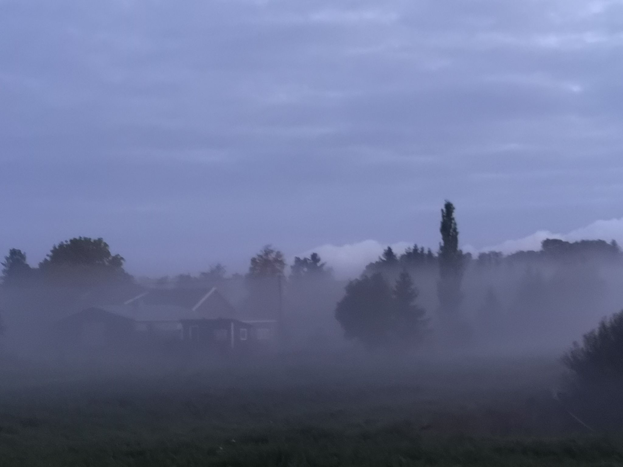 Ett hus i morgondimma.