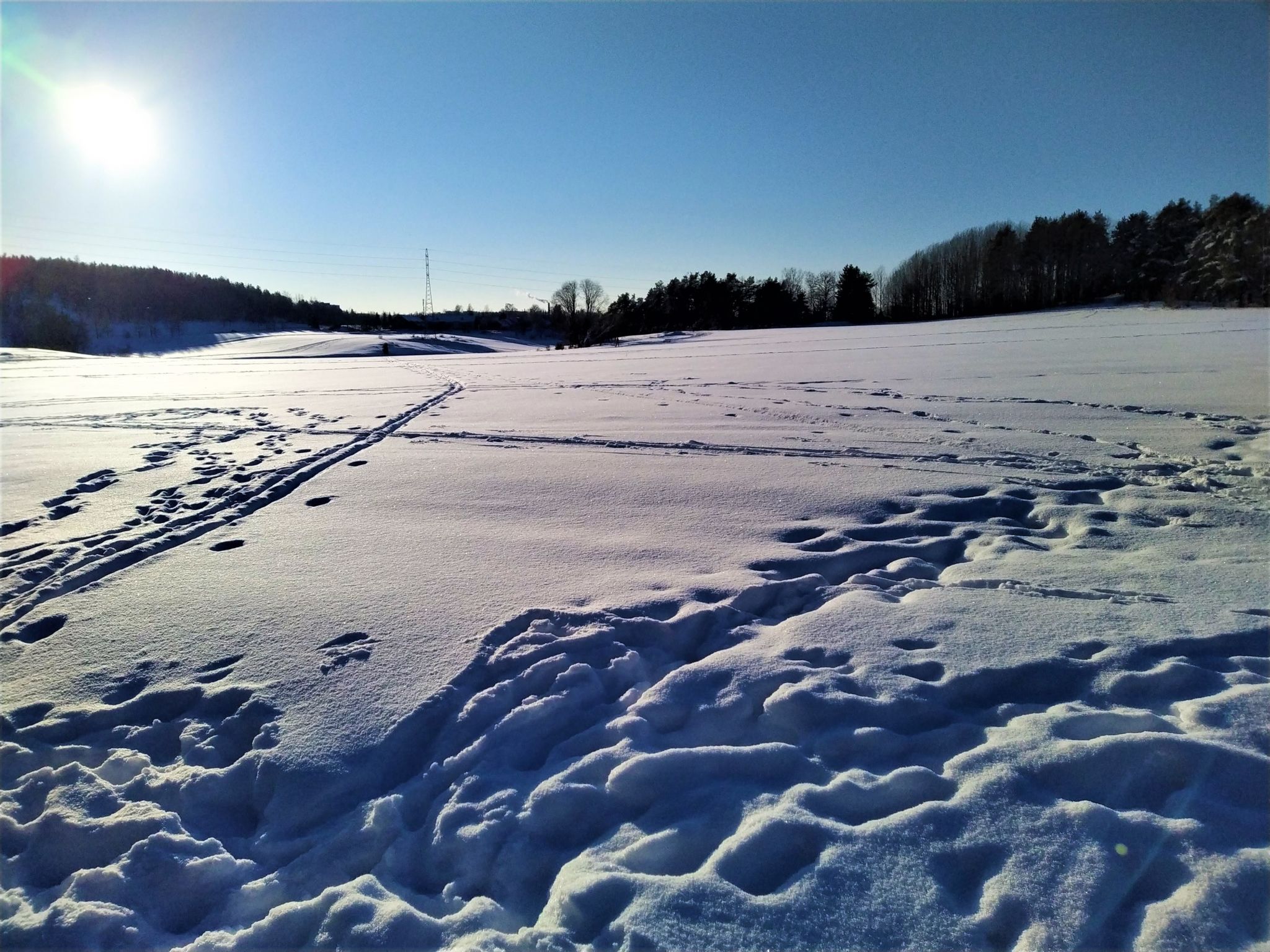 En snötäckt åker i solskensväder.
