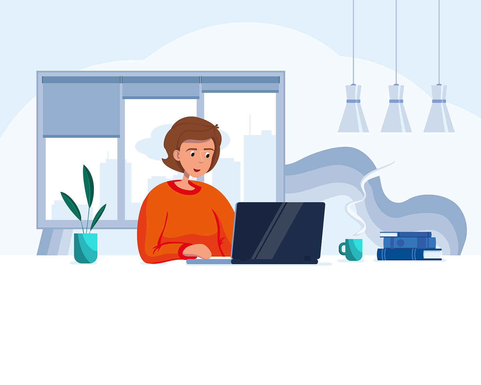 Tecknad bild på en kvinna som sitter framför en dator och arbetar på distans hemifrån.