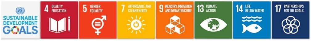 Logos of Sustainable Development Goals, 4 (Quality Education), 5 (Gender Equality), 7 (Affordable and Clean Energy), 9 (Industry, Innovation and Infrastructure), 13 (Climate Action), 14 (Life Bellow Water), and 17 (Partnerships for the Goals)