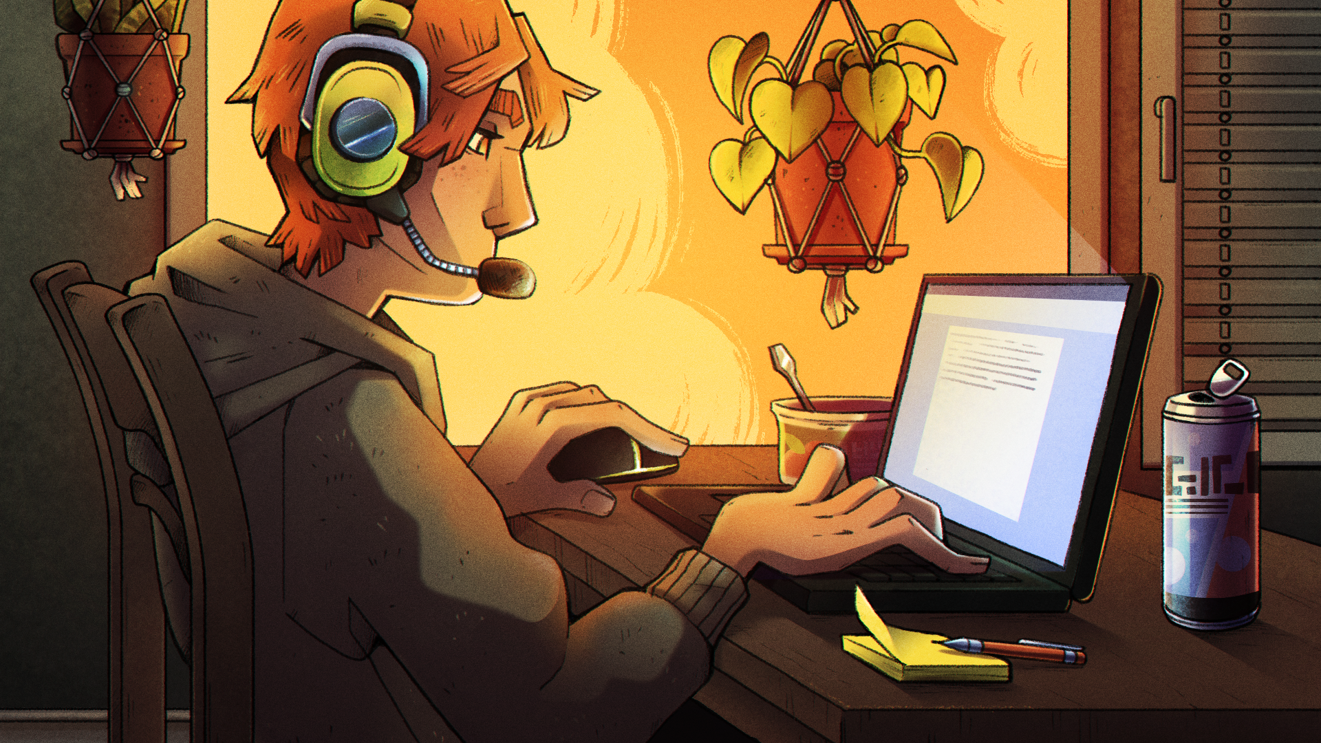 illustration av en ung person som bär hörlurar och sitter framför en dator och skriver