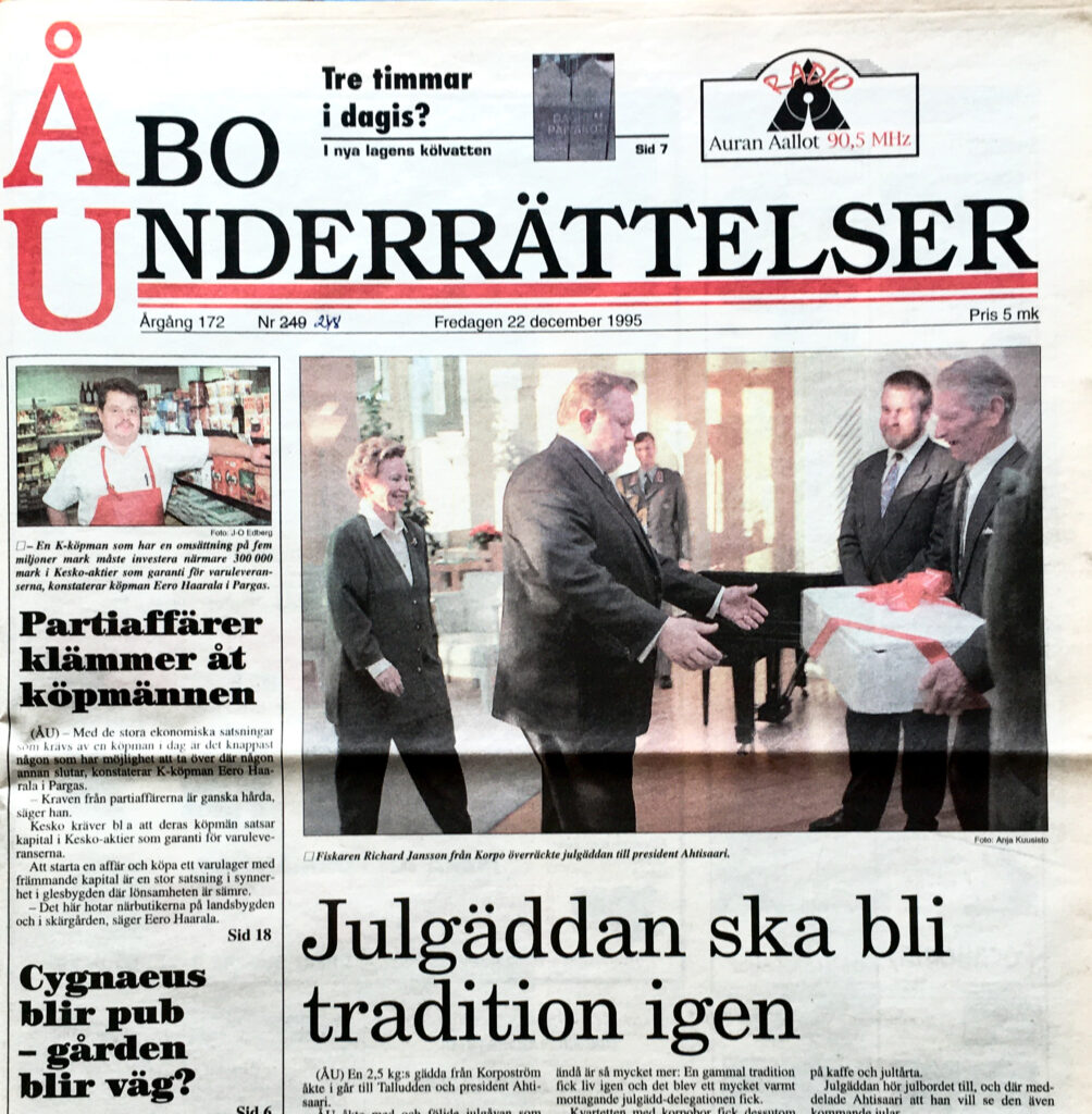 Bild på ÅU:s förstasida där huvudrubriken rä: Julgäddan ska bli tradition igen.