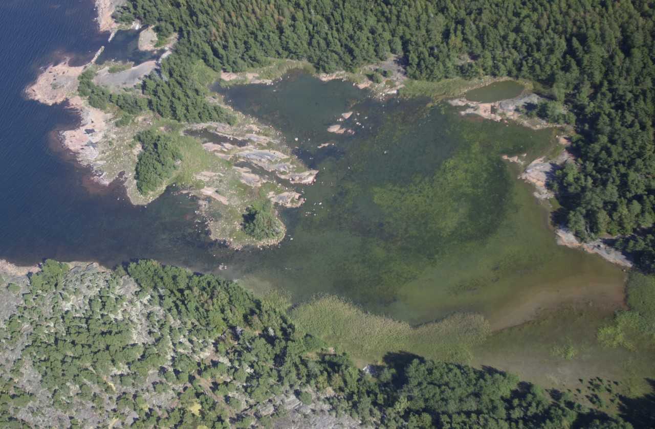 Drönarbild uppifrån av en grund vik