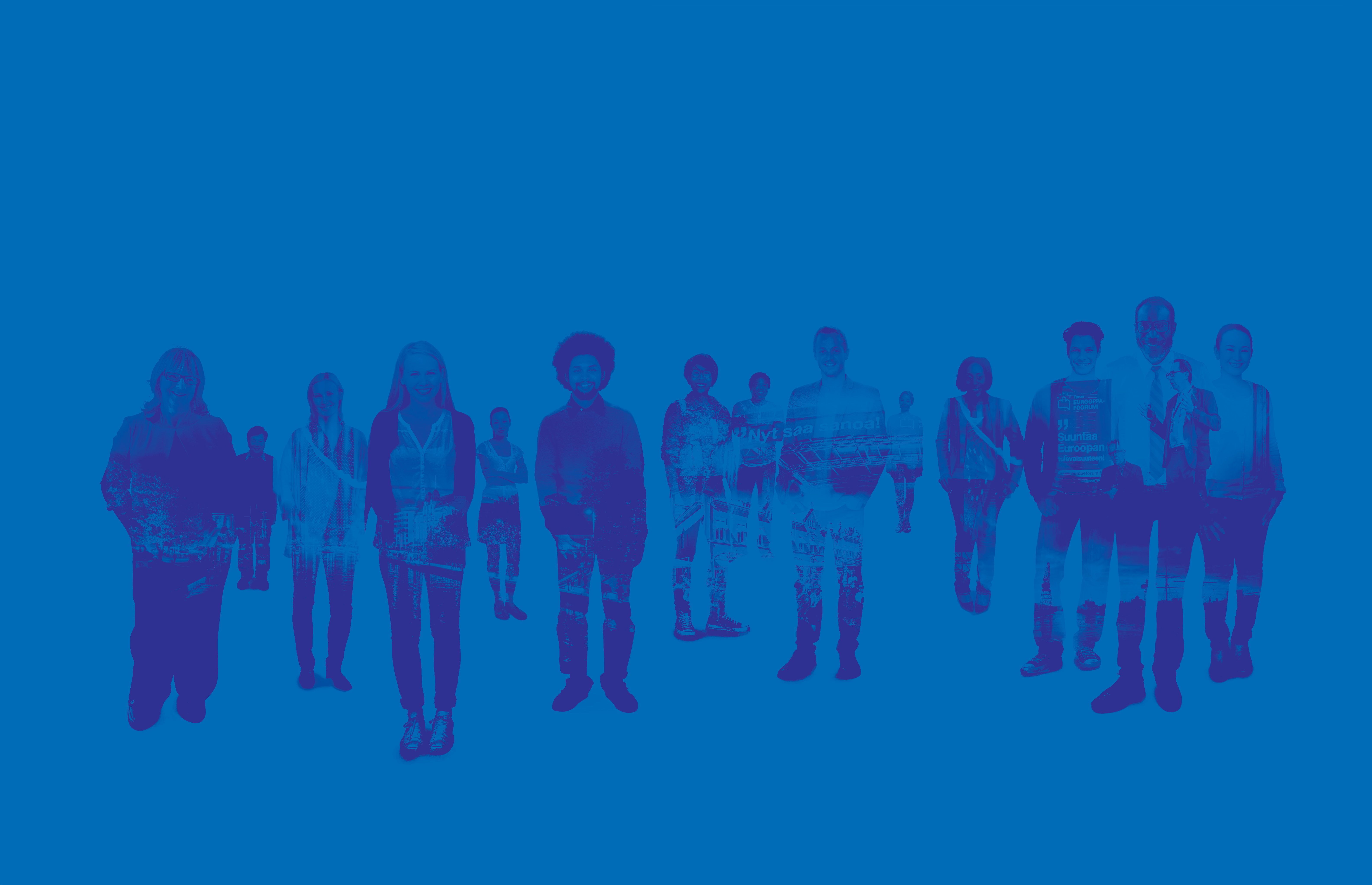 Människor på rad mot blå bakgrund