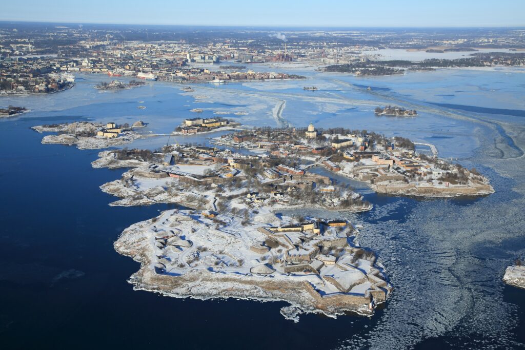 The island of Suomenlinna from above in winter.