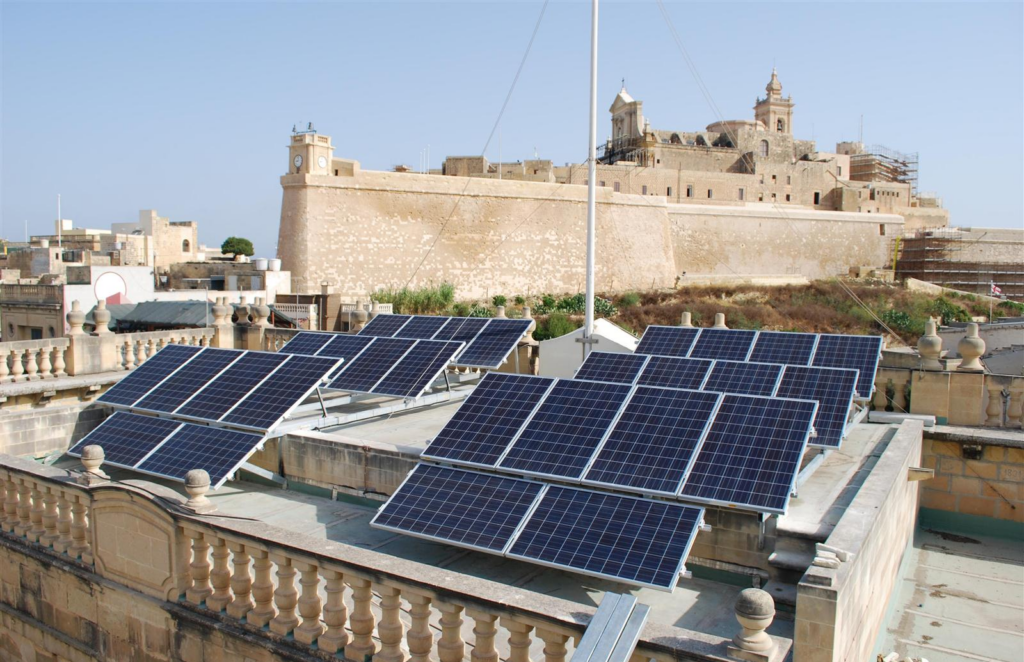 Rooftops with solar panels.