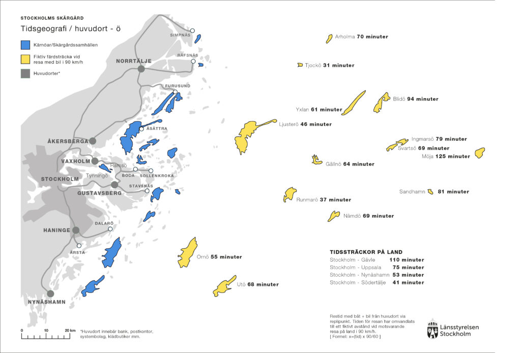 A map where the islands have been moved from their true positions (bold outlines) to new positions (marked in yellow) at a perceived distance, which is how far you get when travelling on the mainland at 90 km/h.