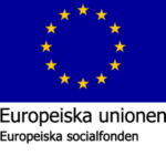 Logo med EU-flaggan som har blå bakgrund och en ring med stjärnor. Texten Europeiska unionen, Europeiska socialfonden.