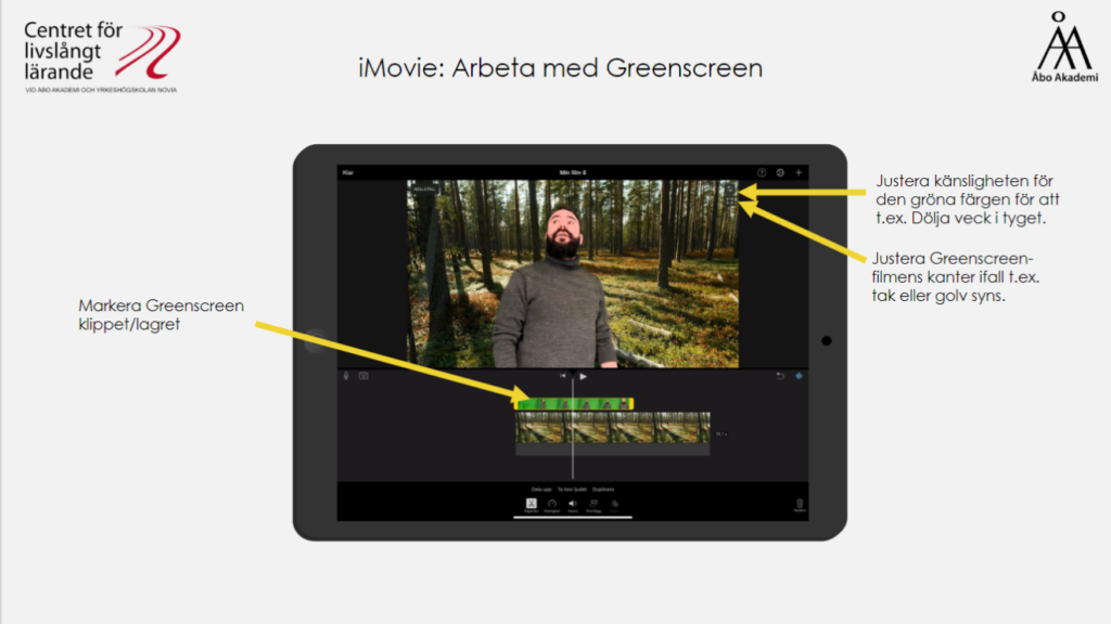 Exempel ur Powerpoint som användes under fortbildningen. I bilden illustreras filmklipp med greenscreen.