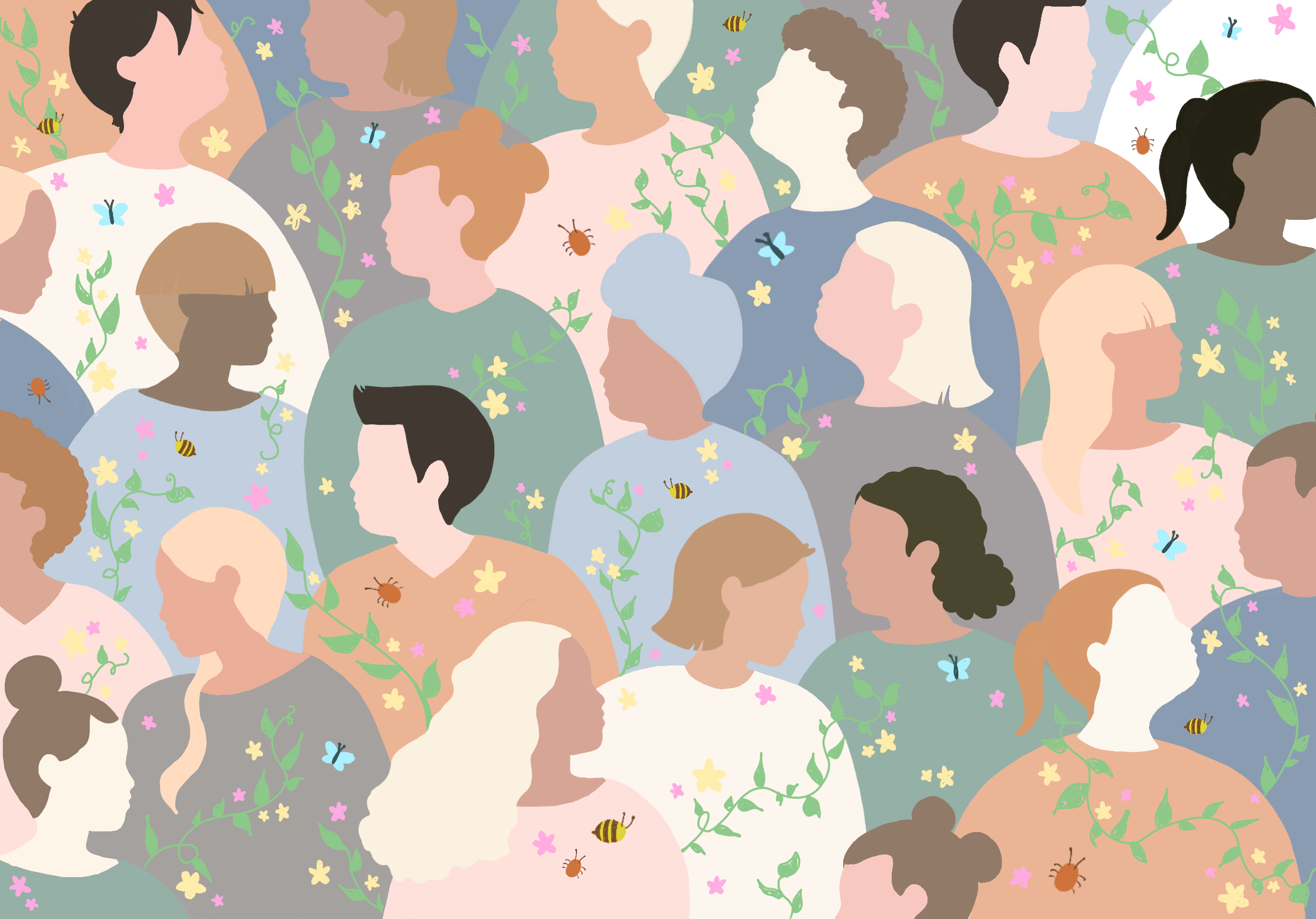 Illustration av pastellfärgade människoprofiler.