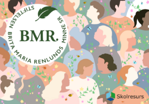 Illustration av pastellfärgade människoprofiler. Dessutom logon för stiftelsen Brita Maria Renlunds minne (BMR) uppe i vänstra hörnet och Skolresurs logo med en blågrön kub nere i högra hörnet.