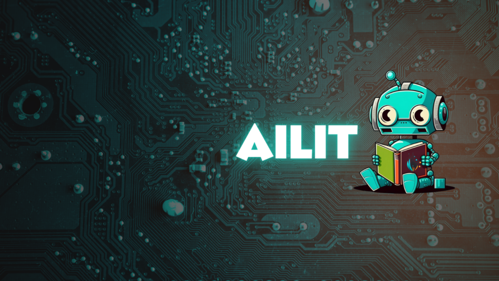 Projektet Ailits omslagsbild, cover photo, i färg med en robot som läser en bok. Png.