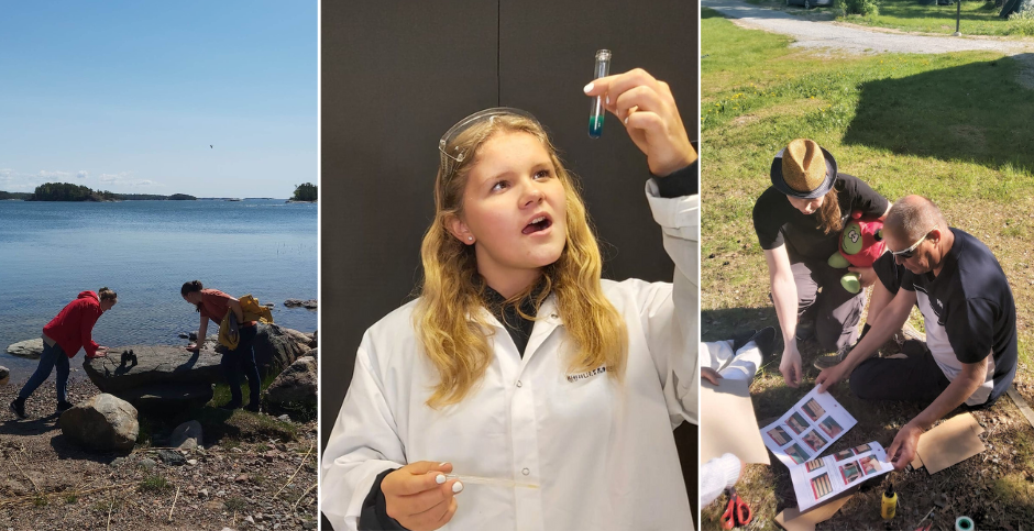 Dekorativt collage med personer som gör naturvetenskapliga saker, såsom ser på stenar, bygger en prototyp av en hand utomhus och ser på ett provrör.