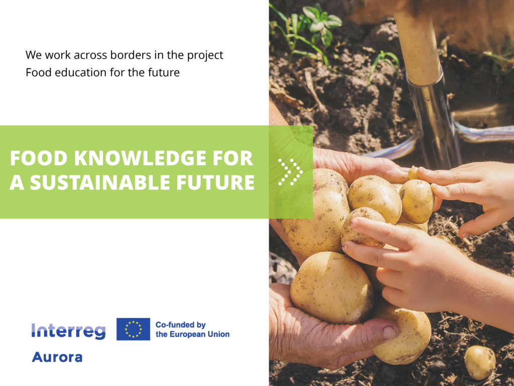 Food knowledge for a sustainable future. Fresh potatoes on the soil, two bigger and two smaller hands