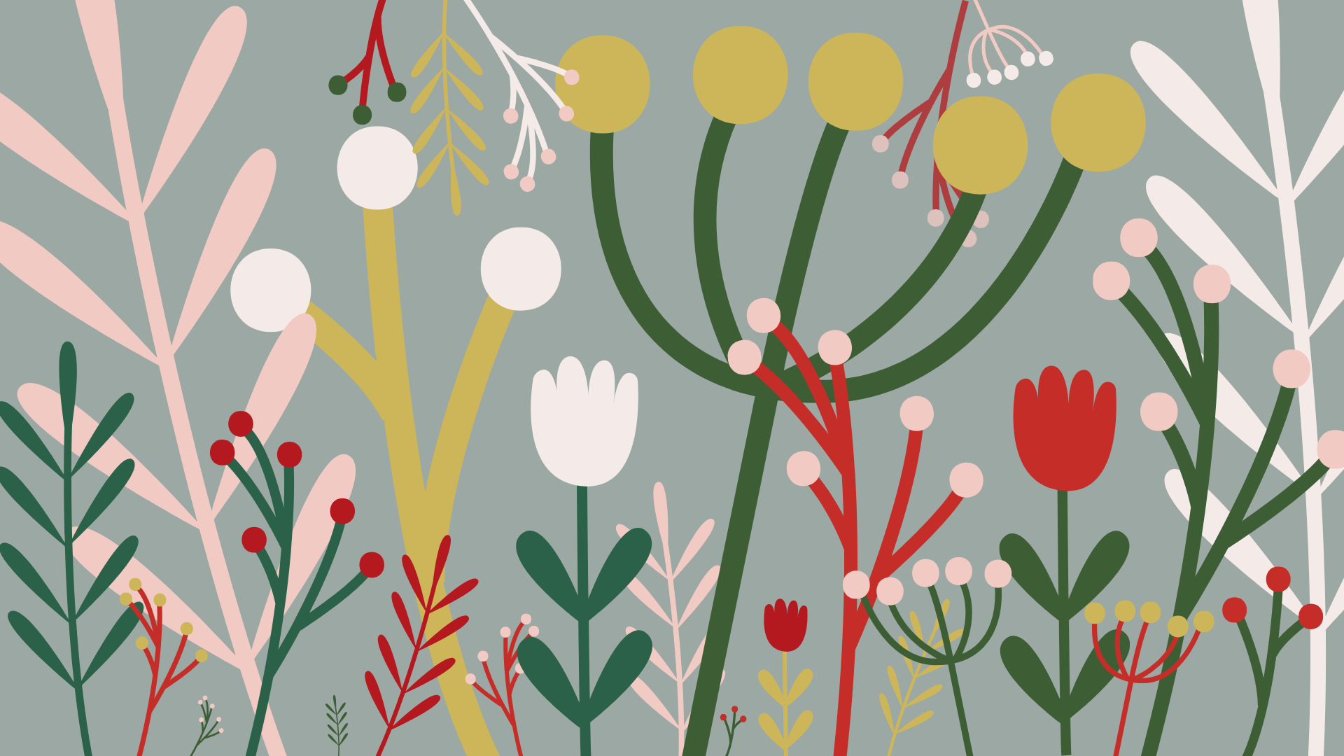 Bakgrundsbild till Skolresurs julkalender. Grön bakgrund och illustrationer av olikfärgade blommor och växter.