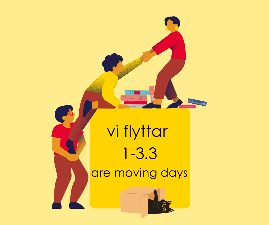 tre tecknade figurer som klättrar upp på ett block med böcker. Text: vi flyttar 1-3.3.