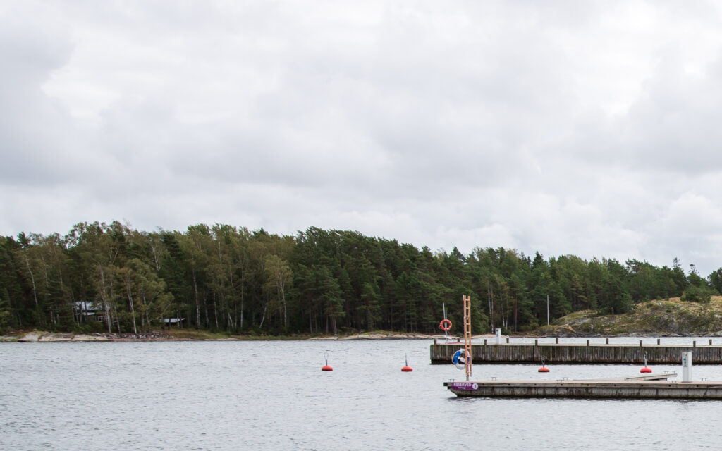 Vy mot klippor, hav, skog.