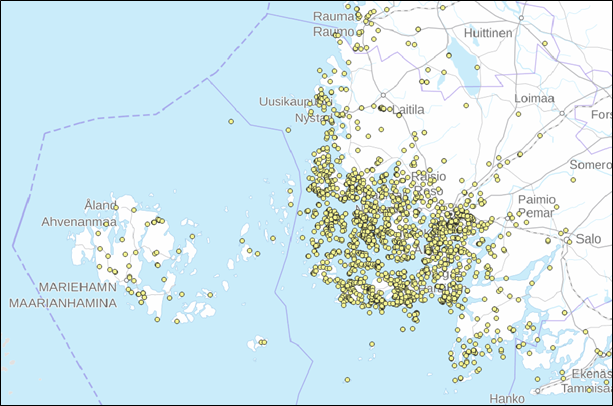 Karta över talldöd som registrerats i Åbo universitets medborgarenkät sommaren 2024.