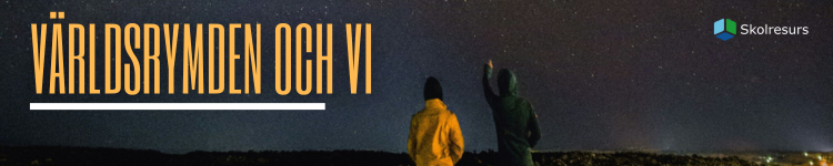Text: Världsrymden och vi. Skolresurs logo. En bild med två personer som tittar på stjärnhimlen. 