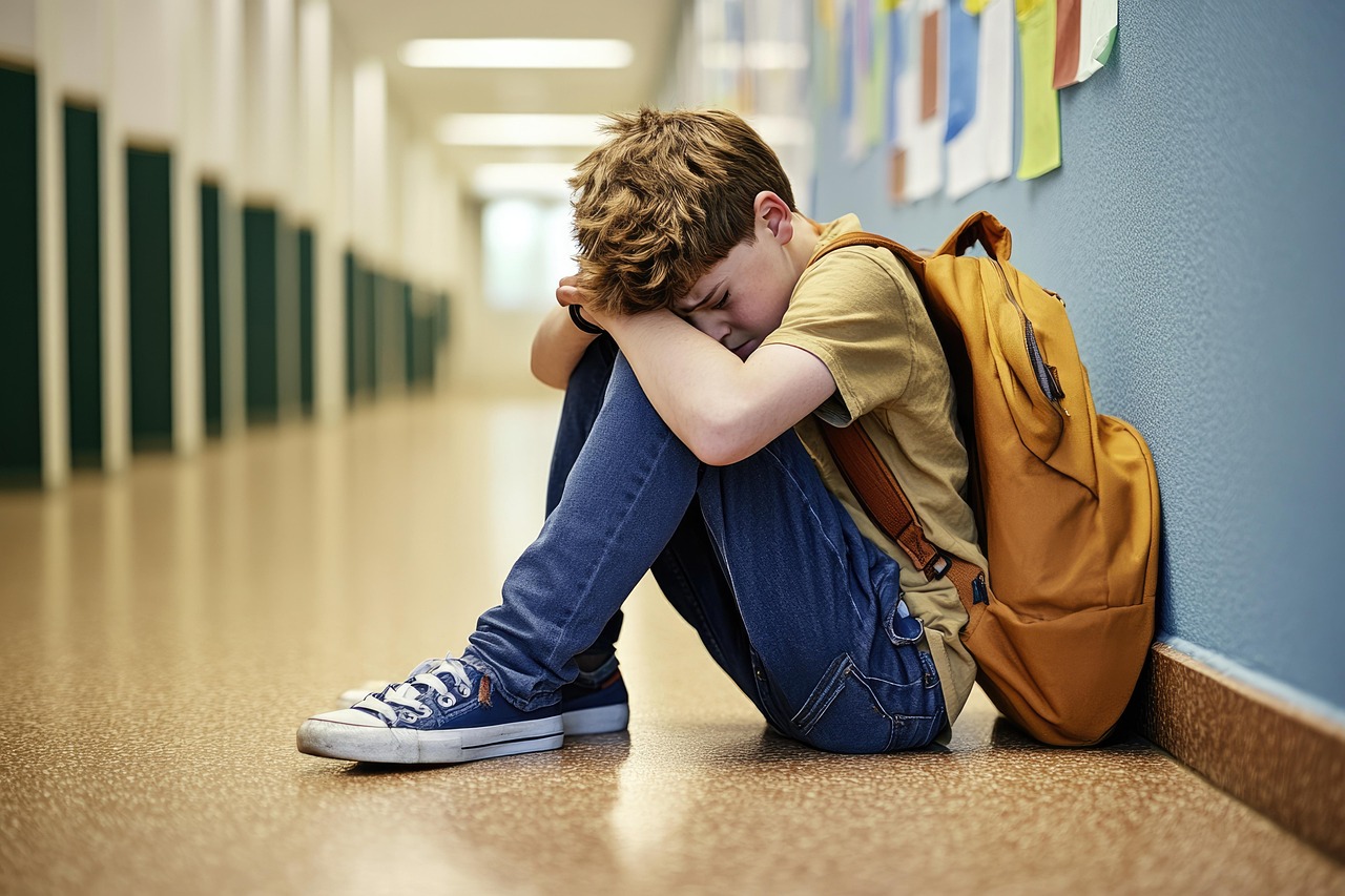 Pojke med gul ryggsäck sitter på golvet i en skolkorridor. Han är hopkrupen och döljer ansiktet. 