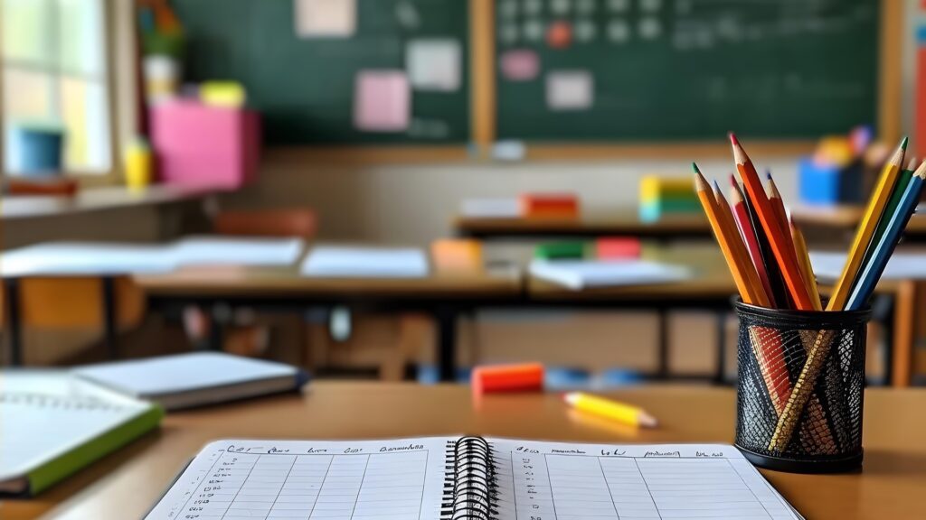 En elevpulpet med häfte och pennor