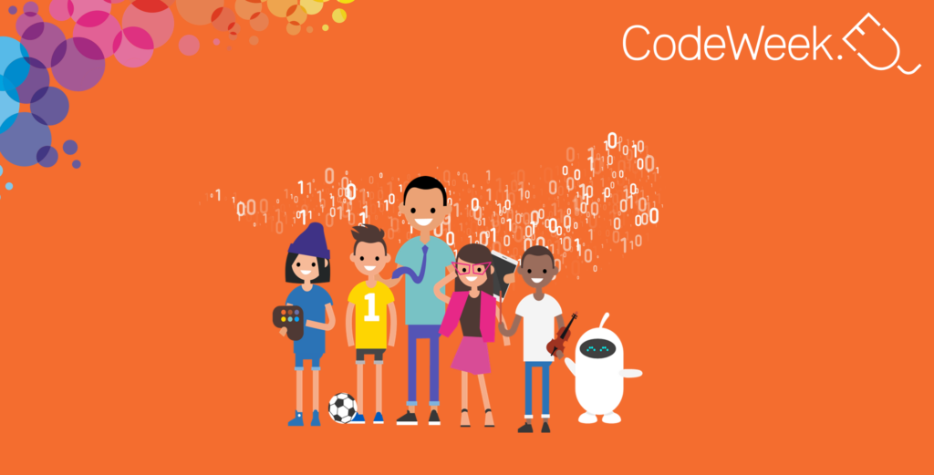 Reklambild för EU CodeWeek med en teckning av personer, en robot, samt ett moln av ettor och nollor.