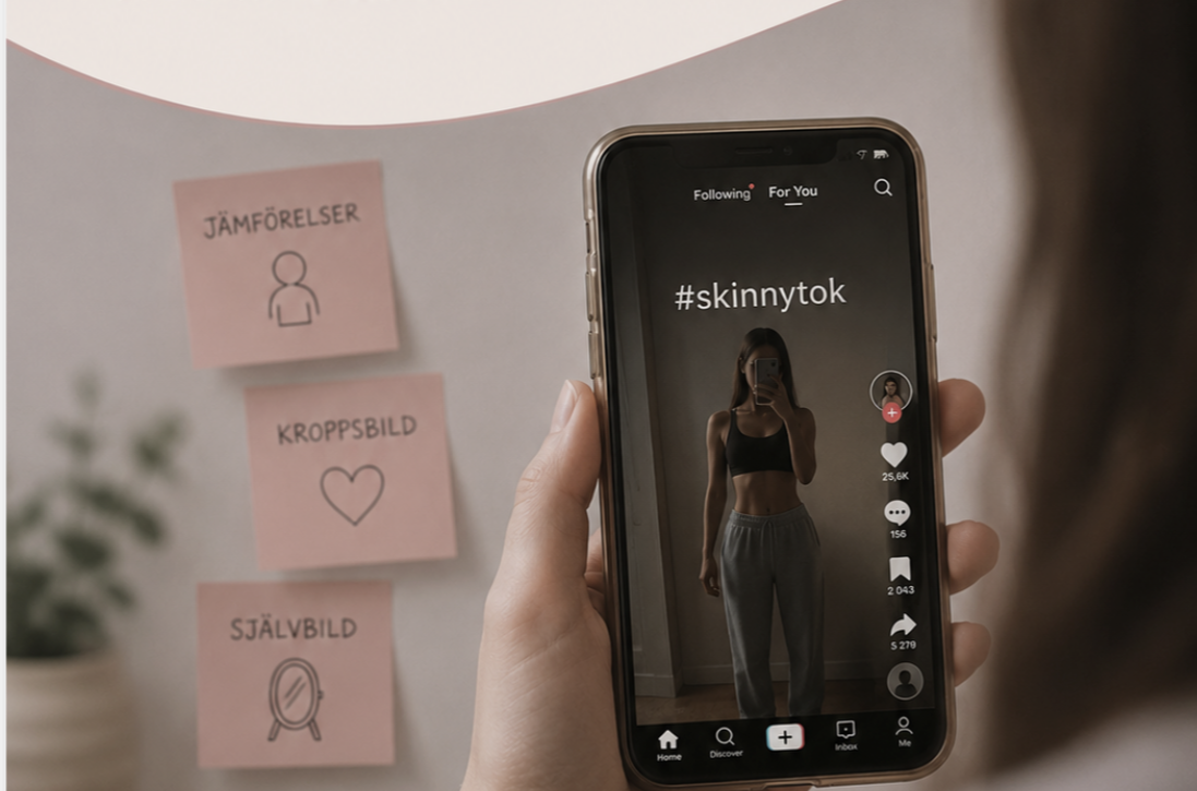 I mobiltelefonskärm syns en smal flicka iklädd kort topp och byxor under hashtaggen skinnytok