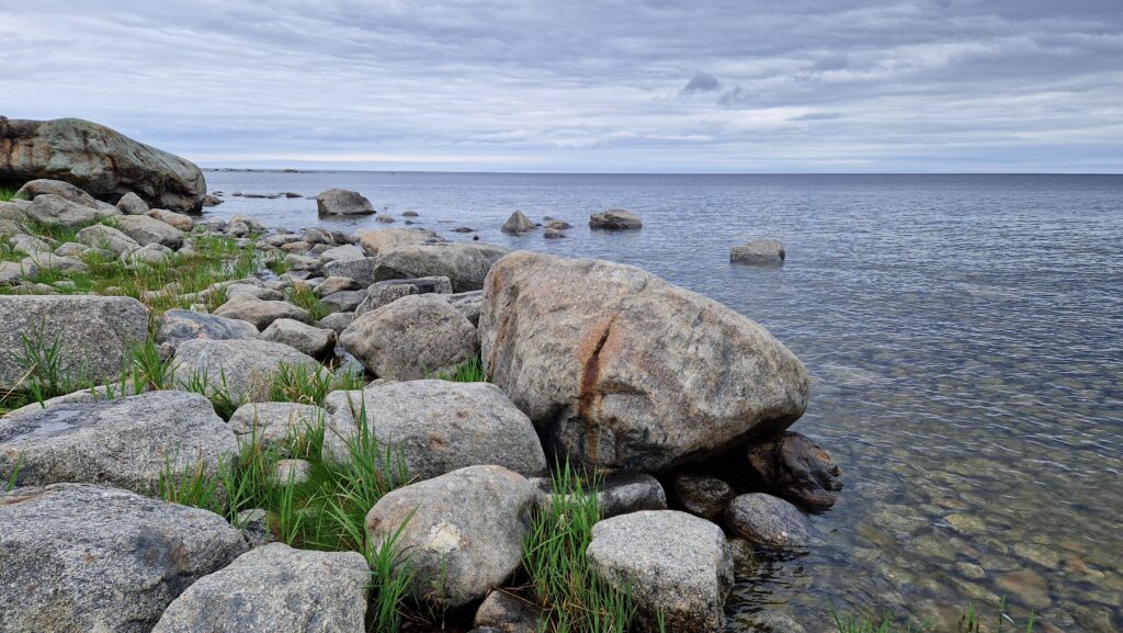 En stenig strand.