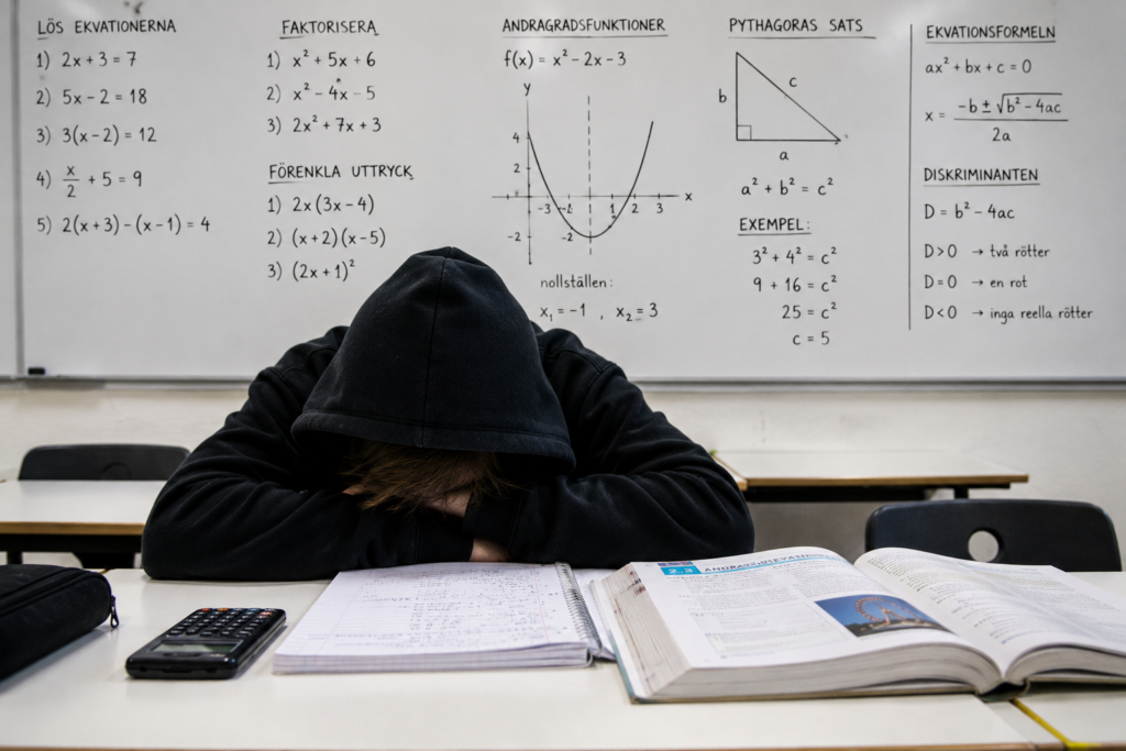 Elev sitter böjd över sitt bord i klassrummet på matematiklektionen. 